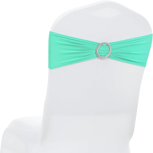 MDS-MEGADECORSUPPLY Chair Sashes - 100pcs Sea Green Spandex Stretch Covers with Buckle Slider | Washable, Fits 35-50CM Chair Backs