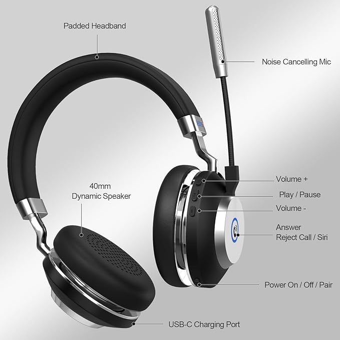 Wantek Wireless Bluetooth Headset with Microphone for Work,45Hrs Playtime with Mute Button,On-Ear Headset with Noise Cancelling Mic for PC,Laptop,Smartphone,Remote Work,Office,Home,Zoom,Skype