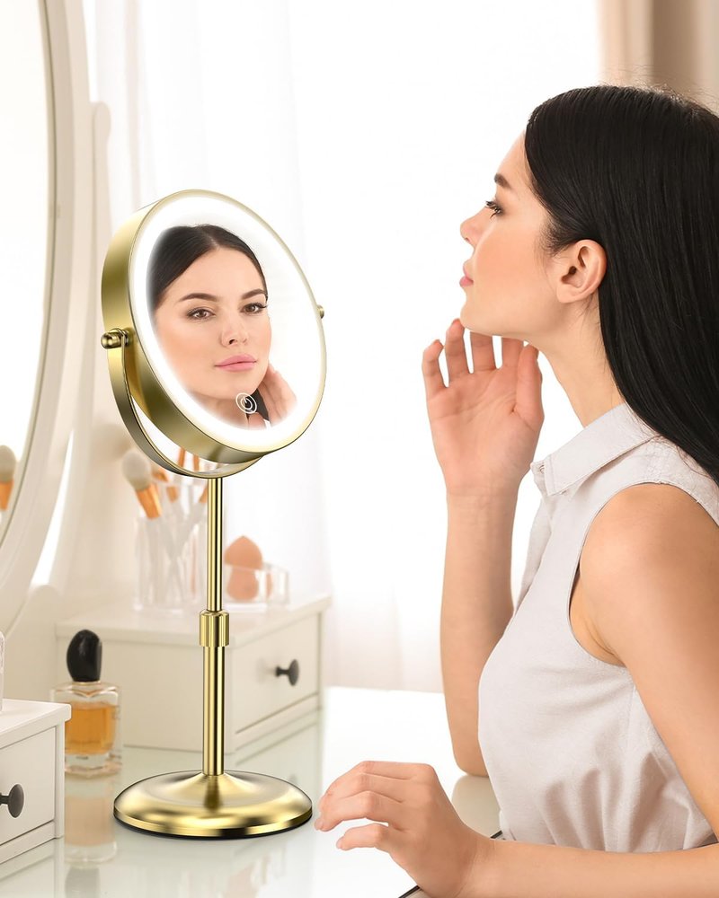 Lighted Makeup Mirror - 7-Inch with 3 Color Lights & 10X Magnification | Adjustable Brightness & Height, 360° Swivel, Gold