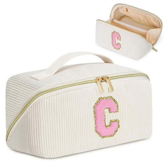 DTBG Personalized Initial Makeup Bag, Valentine's Day Gifts for Girls,Preppy Bag Cosmetic Travel Bag Women,Travel Toiletry Organizer,Large Capacity Corduroy Stuff Bag,Cute Cosmetic Pouch Skincare Bag