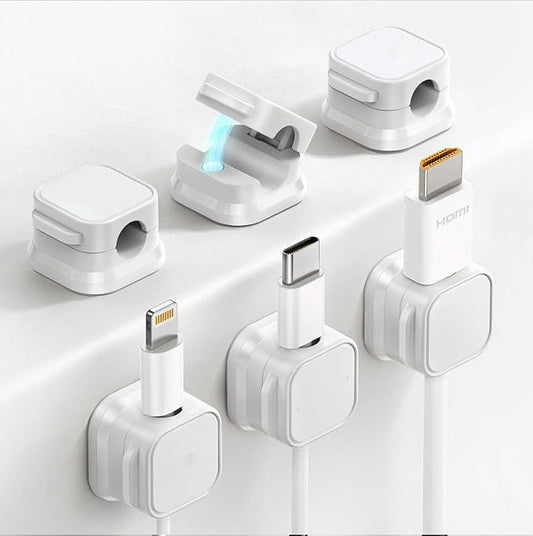 6 Pack Cable Holder, Nightstand Organizer, Under Desk Magnetic Clip Management, Wire Organizers for Cords (White)
