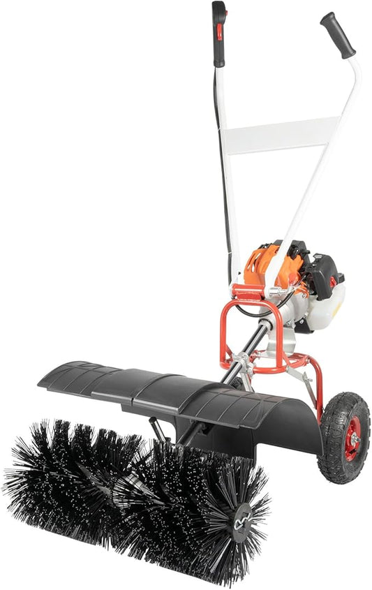 52CC Walk Behind Power Sweeper Broom, 2-Stroke 2.5HP Single-Cylinder Air-Cooling Gas Power Sweeper Snowplow Broom Driveway Lawns Artificial Grass Power Brush Lawn Sweeper Cleaner Tools for Sidewalk