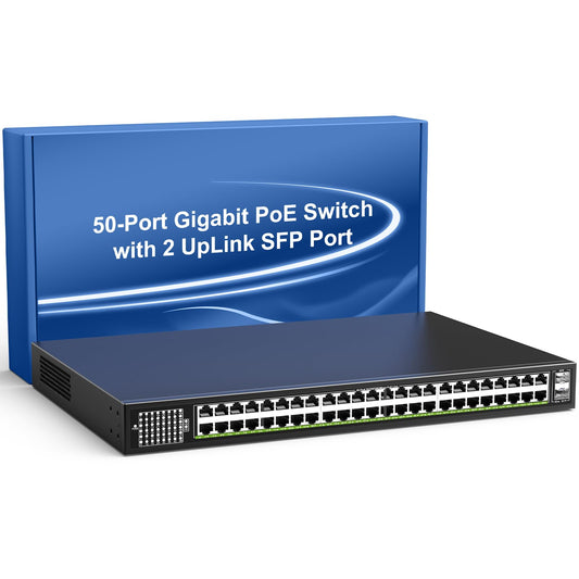 48-Port Gigabit PoE Switch Unmanaged with 2X 1000Mbps Uplink SFP Port, VIMIN 50-Port PoE Ethernet Switch Support IEEE802.3af/at, 400W Power, 100Gbps Switch Capacity，Plug and Play, Rack-Mount