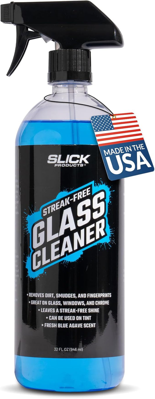 Slick Products Streak-Free Glass Cleaner – Ammonia-Free Window, Mirror, Chrome & Tint Cleaner – Removes Dirt, Smudges & Fingerprints – Ready-to-Use – 32 oz.