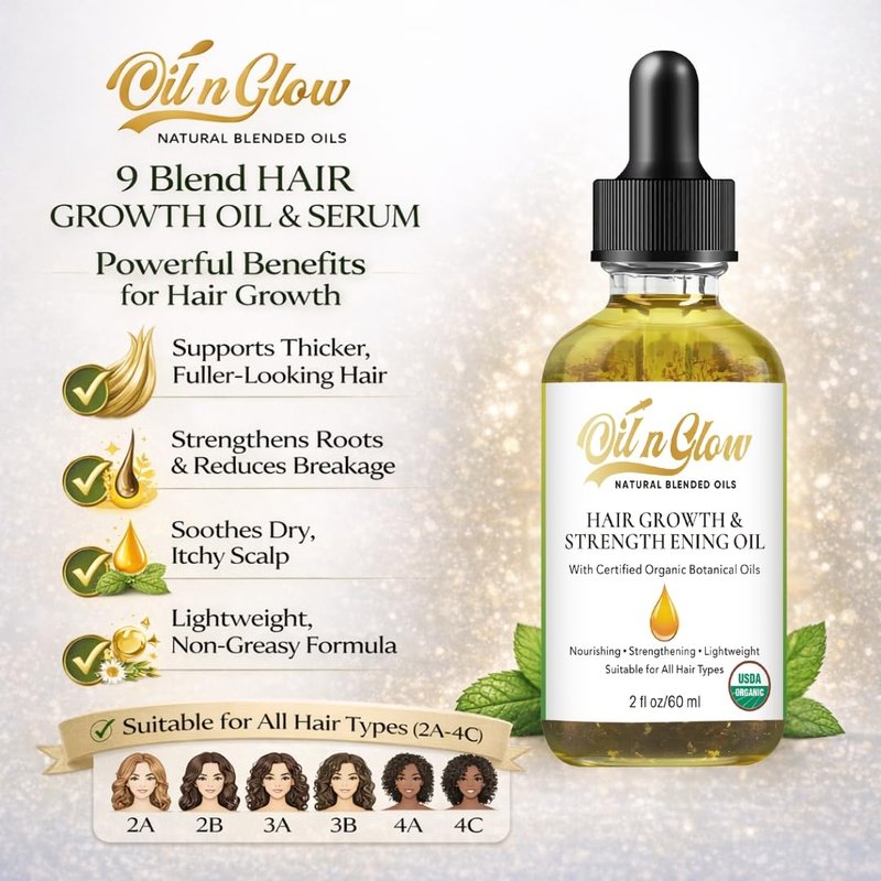 OilnGlow USDA Certified Organic 9 in 1 Natural Hair Serum for Hair Growth, & Strengthening With Rosemary Oil for Hair Growth, & Scalp DHT Blocker Peppermint Hair Oil Growth 2 FL