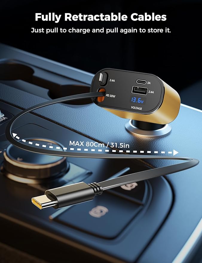 【Upgraded】 SUPERONE Retractable Car Charger 4 in 1, Fast Car Phone Charger with Cord 2.6ft, USB C and Apple Car Charger Adapter, Compatible with iPhone 17 16 15/15 Pro Max/14/13/12/11, Galaxy, Pixel
