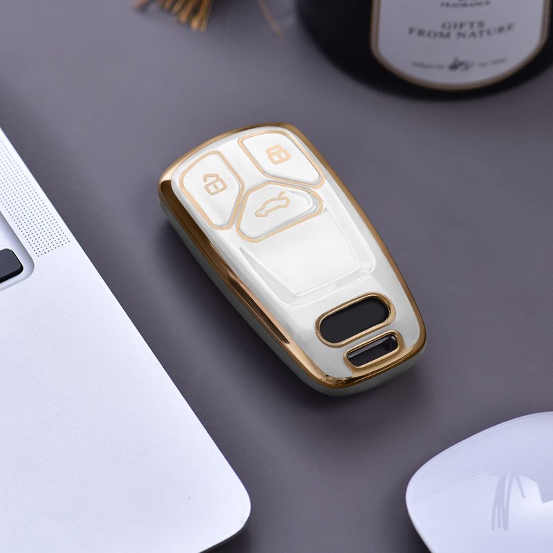 ELOHEI for Audi Key Fob Cover, Premium Soft TPU 360 Degree Full Protection Key Case Accessories Compatible with Audi A4 Q7 Q5 TT A3 A6 SQ5 R8 S5 Smart Key(Gold Edge White)