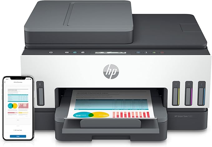 HP Smart Tank 7301 Wireless All-in-One Ink Tank Printer, Scanner, Copier with 2 Years of Ink Included, Best-for-Home Office, Cartridge-Free Refillable, AI-Enabled (28B70A)