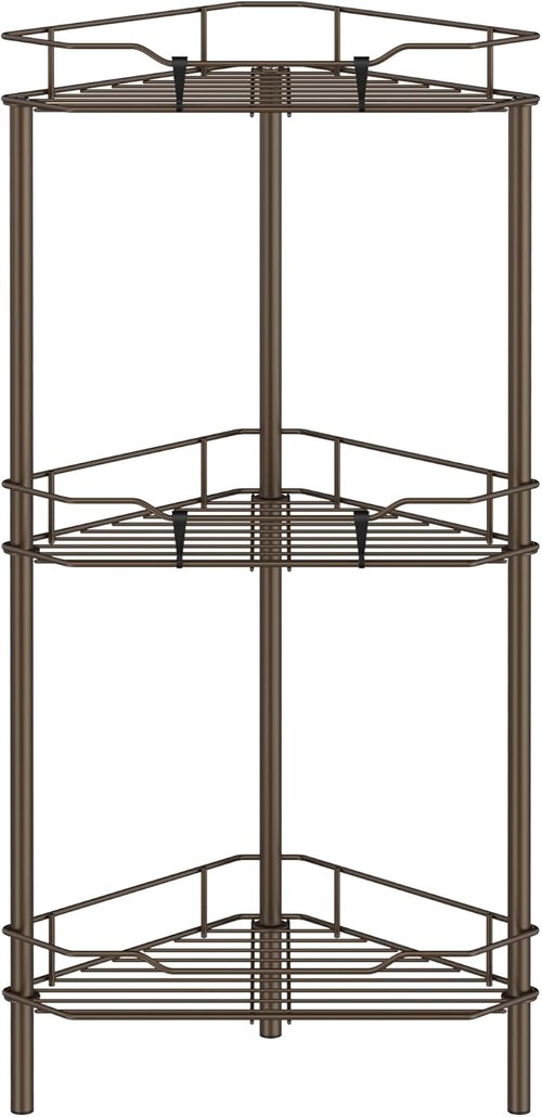 HuggieGems 3-Tier Corner Shower Caddy Organizer - Stylish Bronze Bathroom Shelf with Hooks