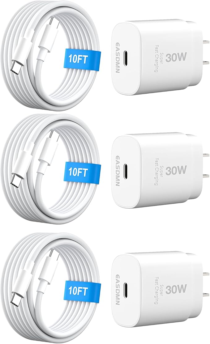 30W USB C i Phone 17 16 15 Charger Fast Charging, 3PACK Wall Charger for iPhone 16 15 Pro Max Charger Cord 10FT Fast Type C Charger Block for iPhone 17 Pro Max/17 Air/16/15 Plus/15 Pro Max, iPad Pro