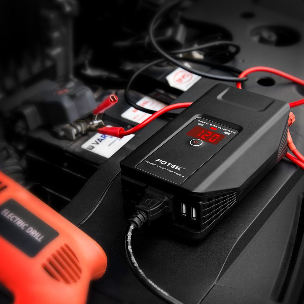 POTEK 750W Power Inverter 12V DC to 110V AC Car Adapter with Two USB and AC Charging Ports for Laptop,Tablet, Smartphone,Camera and More