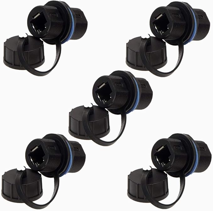 ANMBEST 5PCS Panel Mounting Shielded RJ45 Waterproof Cat5/5e/6 8P8C Connector Ethernet LAN Cable Connector Double Head Adapter with Waterproof/Dust Cap