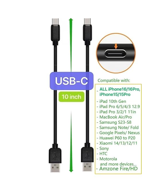 JuSoFU 10-Pack Multi Short USB Cables & TypeC-C Cables for Charging Stations Compatible/w iPhone17,16,15, iPhone14-5/ iPads/iPad mini/iPad Pros/Samsung Moblies & Tablets/Pixel & Nexus/HTC/Sony(Black)