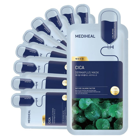 Mediheal Dermaplus Cica Mask (10 Counts) - Daily Vegan Mask for Calming Skin with Panthenol & Hyaluron, Korean Self Skin Care Sheet Mask