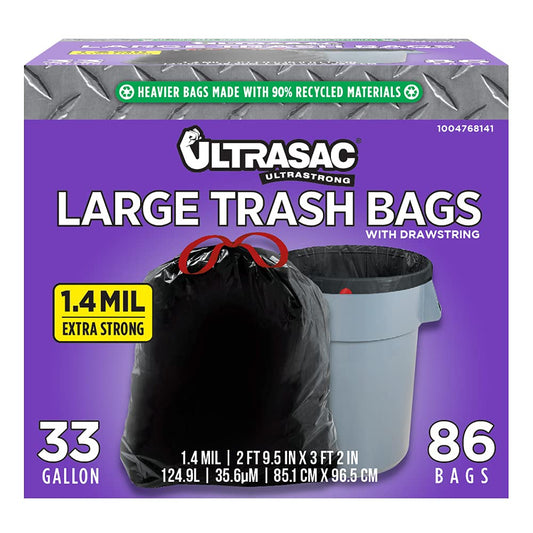 Ultrasac Heavy-Duty 33 Gallon Drawstring Trash Bags - 1.4 MIL | 33.5" x 38" | Pack of 86 for Home & Outdoor Use