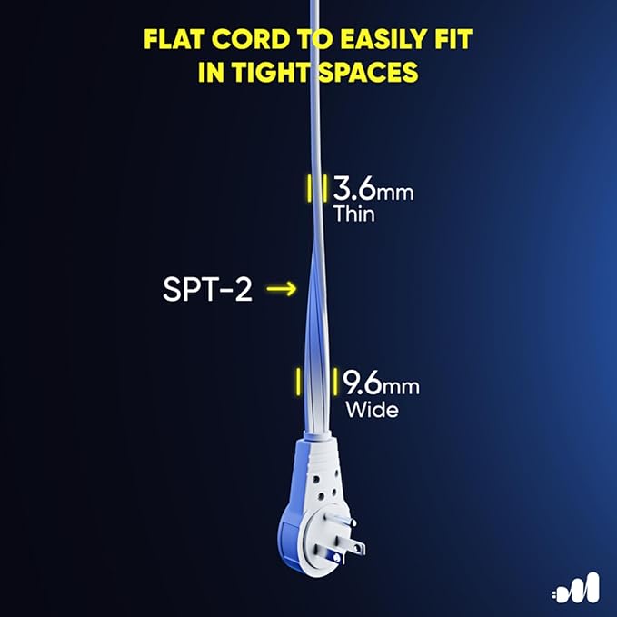 Maximm Cable 8 Ft 360° Rotating Flat Plug Extension Cord, 16/3 AWG Multi 3 Outlet 3-Prong Grounded Wire- White - UL Certified