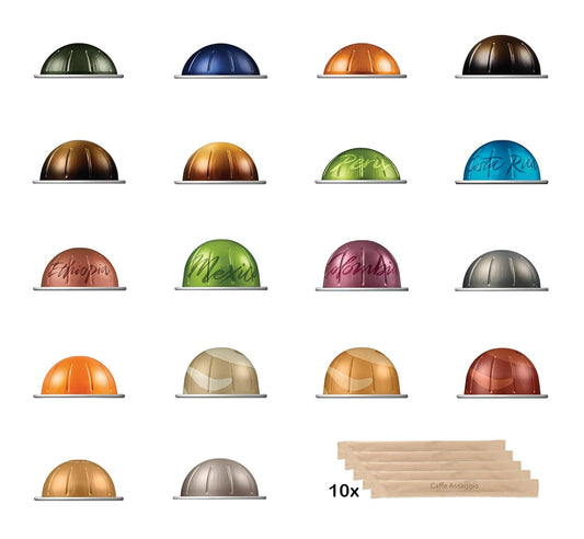 Nespresso Compatible Coffee Pods Variety Pack - 18 Sampler Capsules with 10 Wooden Stirring Sticks
