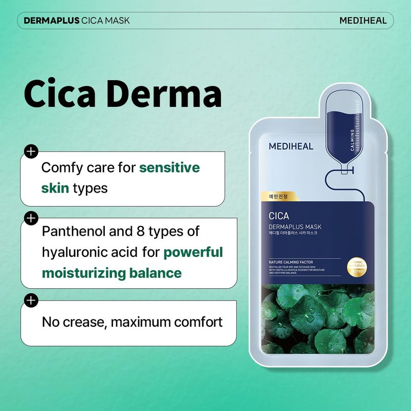 Mediheal Dermaplus Cica Mask (10 Counts) - Daily Vegan Mask for Calming Skin with Panthenol & Hyaluron, Korean Self Skin Care Sheet Mask