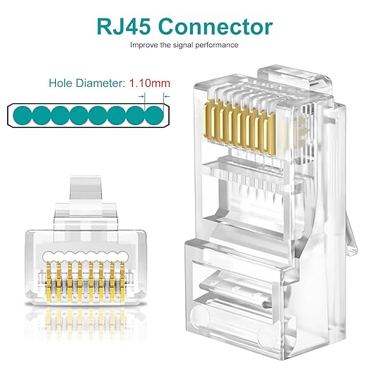 Brileine UTP RJ45 Connectors, Cat6 RJ45 Pass Through Plugs 50-Pack, Cat6 RJ45 Plugs with 50-Pack Strain Relief Boots for Solid or Standard Ethernet Cables, Transparent