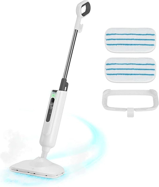 Steam Mop for Floor Cleaning, Lightweight Floor Steamer for Hardwood, Tile, Laminate & Carpet, Quick-Heat Steam Cleaner with Visible Water Tank and 2 Washable Pads, White and Grey