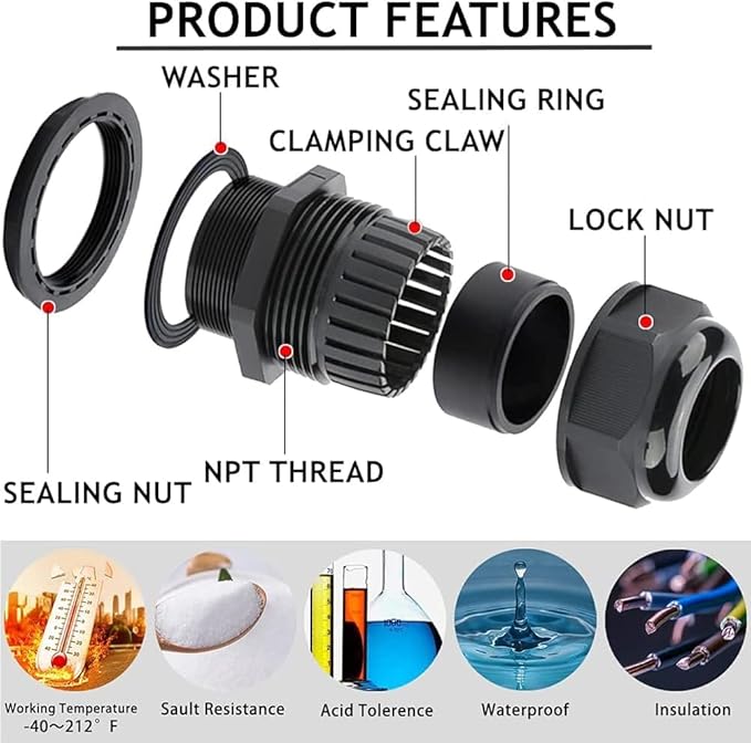 Cable Glands-PENGLIN 2” NPT Nylon Cable Connector,IP68 Waterproof Strain Relief Cord Adjustable Connector with Gaskets for Electrical Box (2 Inch (6-Pack))