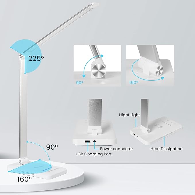 JOSTIC LED Desk Lamp with Night Light, Fast Wireless Charger, USB Charging Port, 10 Brightness, 5 Color Modes, Dimmable Bedside Table Lamp for Bedroom, Touch Control, Auto Timer, 1200Lux Super Bright