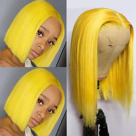 Yellow Bob Wigs Human Hair Pre Plucked 13x4 HD Transparent Lace Brazlian Virgin Hair Straight 14inch Short Cut Glueless Bob Wigs 180% Density Frontal Bleached Knots with Baby Hair Yellow Bob Wig