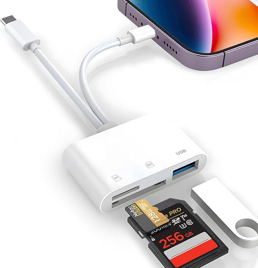 Denlane SD Card Reader for iPhone iPad Mac, Digital Camera Adapter to iPhone Lightning & USB C Dual Connector, Trail Camera Memory Card Viewer with SD/Micro SD/USB-A 3 Slot, No App Plug and Play
