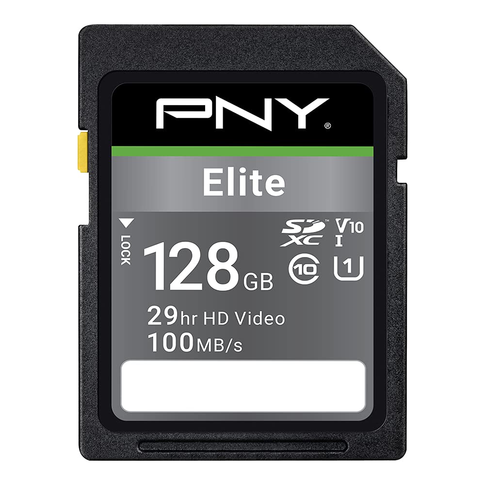 PNY 128GB Elite Class 10 U1 V10 SDXC Flash Memory Card - 100MB/s, Class 10, U1, V10, Full HD, UHS-I, Full Size SD (Pack of 1)