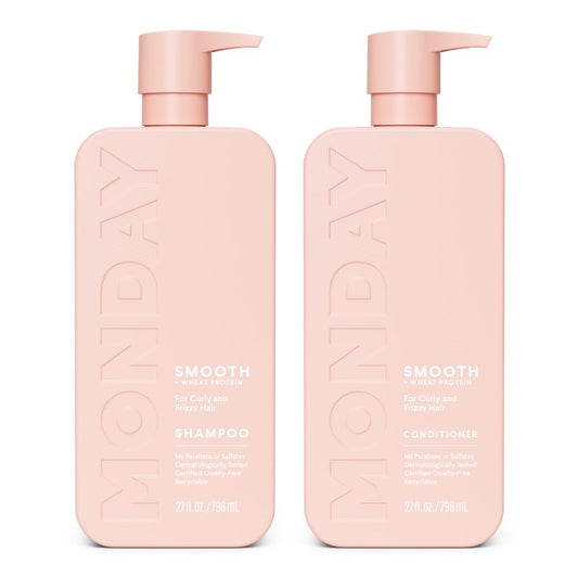 MONDAY HAIRCARE Smooth Shampoo + Conditioner Bathroom Set (2 Count) 27 oz Each For Frizzy, Coarse & Curly Hair Made with Coconut Oil, Shea Butter & Vitamin E 100% Recyclable Bottle Pink