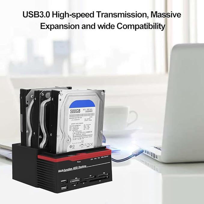 USB 3.0 SATA IDE HDD Docking Station, Three-Bay Offline Clone HUB, 12V 3A Independent Power Supply, External Hard Drive Docking Station, USB Hub Reader for 2.5 3.5 Inch HDD