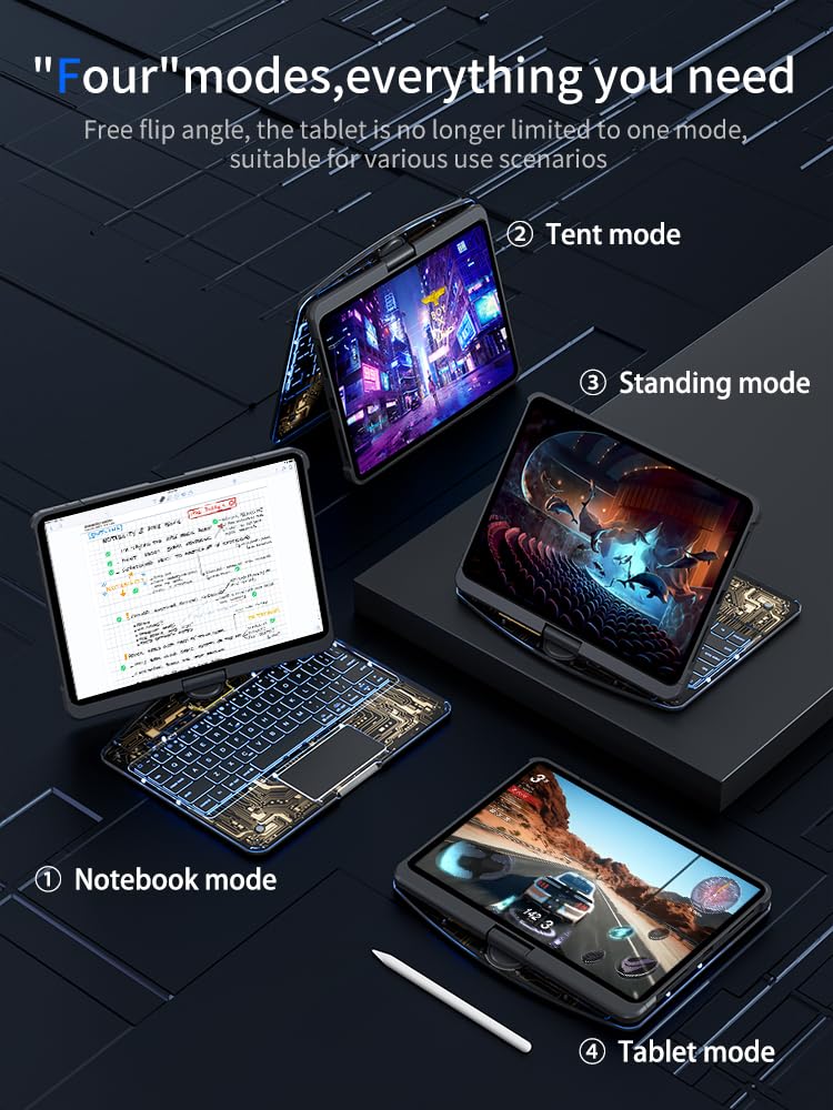 KARTICE Transparent Case with Wireless Keyboard for iPad Pro 11 Inch (M4,2024), 7 Colors Backlight, Multi-Touch Trackpad, 360° Rotating Stand Case with Pencil Holder for iPad Pro 11