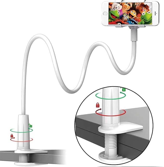 gsiollvderbarley Phone Holder,gooseneck Phone Holder,360° Rotate Support Rod One-Hand Adjustable Cell Phone Holder,for Desk Headboard Nightstand. (White)