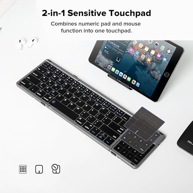 DELUX Tri-fold Keyboard with Touchpad and Numeric Keypad, 2.4G Wireless Bluetooth KBD, Rechargeable Portable Travel Folding Keyboard with PU Leather, Compatible for iOS/Android/Windows/Tablet (KF18)