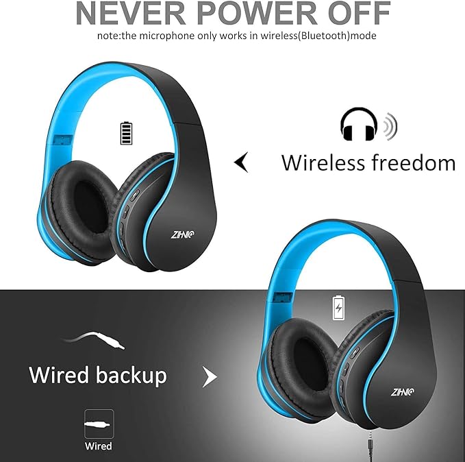 ZIHNIC Bluetooth Headphones Over-Ear, Black/Blue