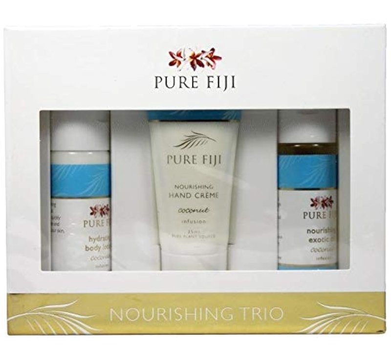 Pure Fiji Nourishing Trio, Ideal Spa Bath Gift Set for Women - Travel Kit - Includes Exotic Body Oil, Hydrating Body Lotion For Women and Nourishing Hand Cream, Coconut Scent