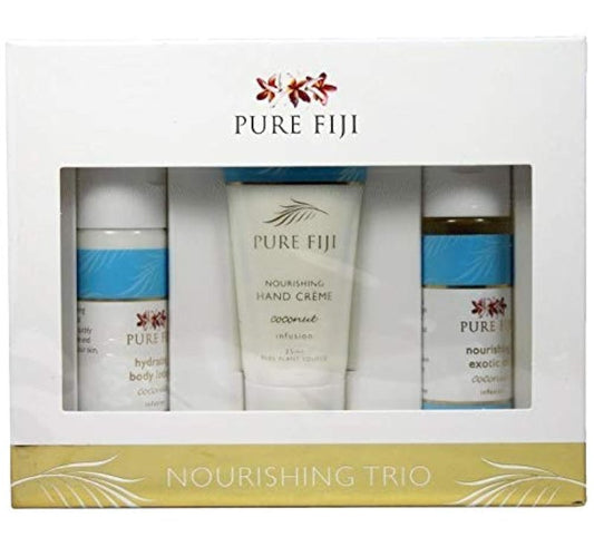 Pure Fiji Nourishing Trio, Ideal Spa Bath Gift Set for Women - Travel Kit - Includes Exotic Body Oil, Hydrating Body Lotion For Women and Nourishing Hand Cream, Coconut Scent
