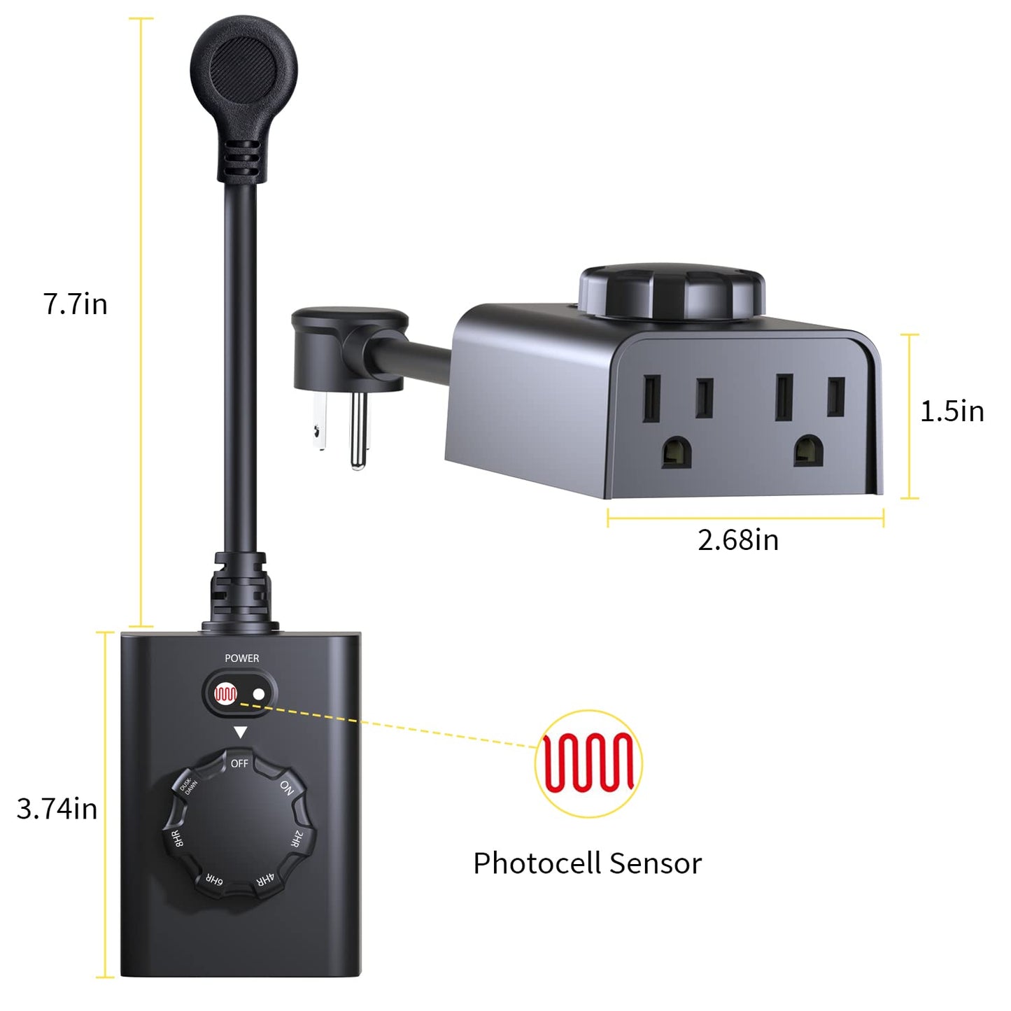 Minoston Outdoor Timer 2 Pack, Dusk to Dawn Outlet With 2 Grounded Outlets, 2-8 Hour Settings for Halloween Christmas Lights, ETL Listed (MP41T)