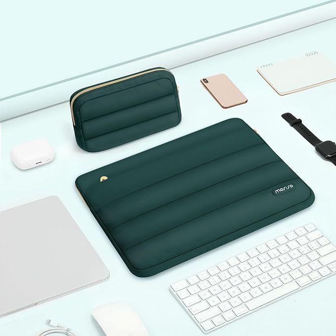 MOSISO Laptop Case 13.3 inch,13-13.3 inch Puffy Laptop Sleeve Compatible with MacBook Neo/Air 13.6 M5 M4 M3 M2 M1/Pro 13/14,HP Dell ASUS Lenovo,Polyester Horizontal Bag with Small Case,Peacock Green