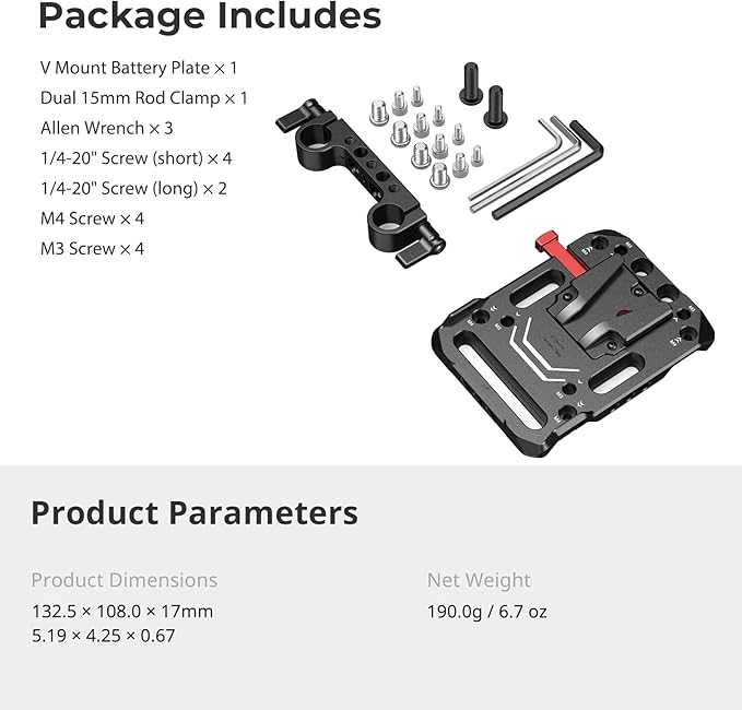 SmallRig V Mount Battery Plate, V-Lock Battery Plate with Dual 15mm Rod Clamp, 1/4"-20 & 3/8"-16 Threaded Holes, for SmallRig V Mount Battery VB99 SE / VB99 / VB99 Pro, for Neewer PS099E