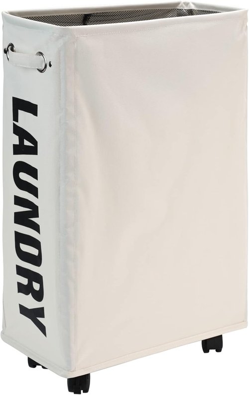 DOKEHOM Slim Rolling Laundry Basket - 25-Inch Collapsible Hamper for Space-Saving Storage | Beige