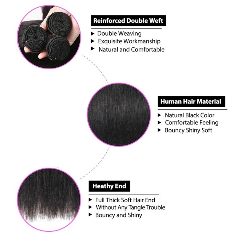 Straight Bundles Human Hair 12 14 16 Inch 100% Unprocessed Brazilian Virgin Hair 3 Bundles Human Hair Trippy Hair Bundle Extension for Black Women Natural Color