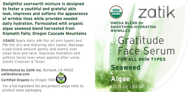 Zatik Naturals - Gratitude Face Serum with Seaweed and Algae, USDA Organic, Vegan, Non GMO Gluten Free, Soy Free, Alcohol Free, pH Balanced, Biodegradable, 1.0 fl oz, 30ml