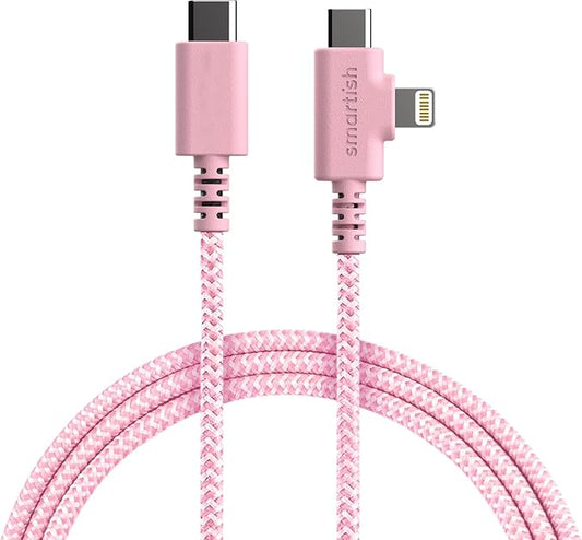 Smartish 2 in 1 USB C to USB C/Lightning Cable - Crown Joule - 6 Ft Fabric Wrapped Fast Charging Cord - for iPhone, Galaxy, Pixel - 100W Dual Fast Charger for Phones/Laptops - I'm Blushing