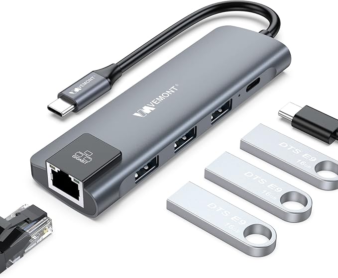 VEMONT 5-in-1 USB C Hub Multiport Adapter, Gigabit Ethernet, 3 USB 3.0 Ports, 100W PD Charging Docking Station Compatible with MacBook iPad Laptop All Type C Devices