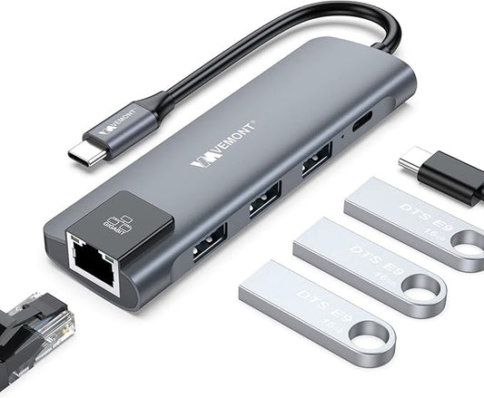 VEMONT 5-in-1 USB C Hub Multiport Adapter, Gigabit Ethernet, 3 USB 3.0 Ports, 100W PD Charging Docking Station Compatible with MacBook iPad Laptop All Type C Devices