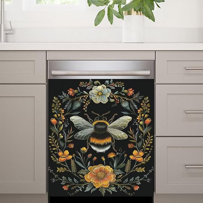 Flower and Bee Pattern Dishwasher Magnet Cover Sticekr - Kitchen Decorative Fridge Panel Decal - Kitchen Appliances Decorate Sticker - 23W x 26H inchs