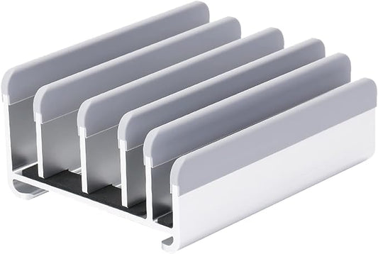 Elestoria 5- Slot Vertical Laptop Stand - Aluminum Laptop Stand Vertical for Desk - Adjustable Width (12-38mm) Fits MacBook Pro/Air, Surface & Gaming Laptops upto 17.3"-Heavy Duty Laptop Holder-Silver