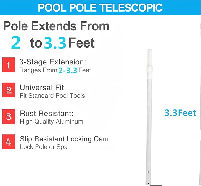 Pool Rod - Professional 3.3-Foot Telescopic Pool Cleaning Rod, Adjustable Telescopic Rod, Used for Cleaning Nets, Brushes, Vacuum Heads