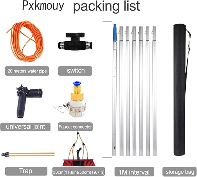 Window Cleaning Telescopic Pole Window Cleaning Kit, Window Cleaning Water Fed Poles Roof Cleaning Tools with 20M Water Supply Pipe, Solar Panel Cleaning Brush(30cm Head,30FT/9M)